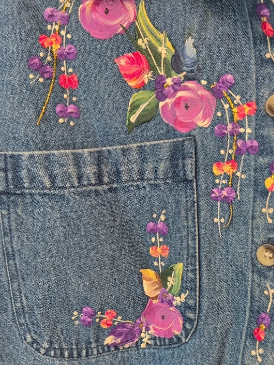 Painted Floral Blue Denim Jacket by Ptny - Picture 4 of 10